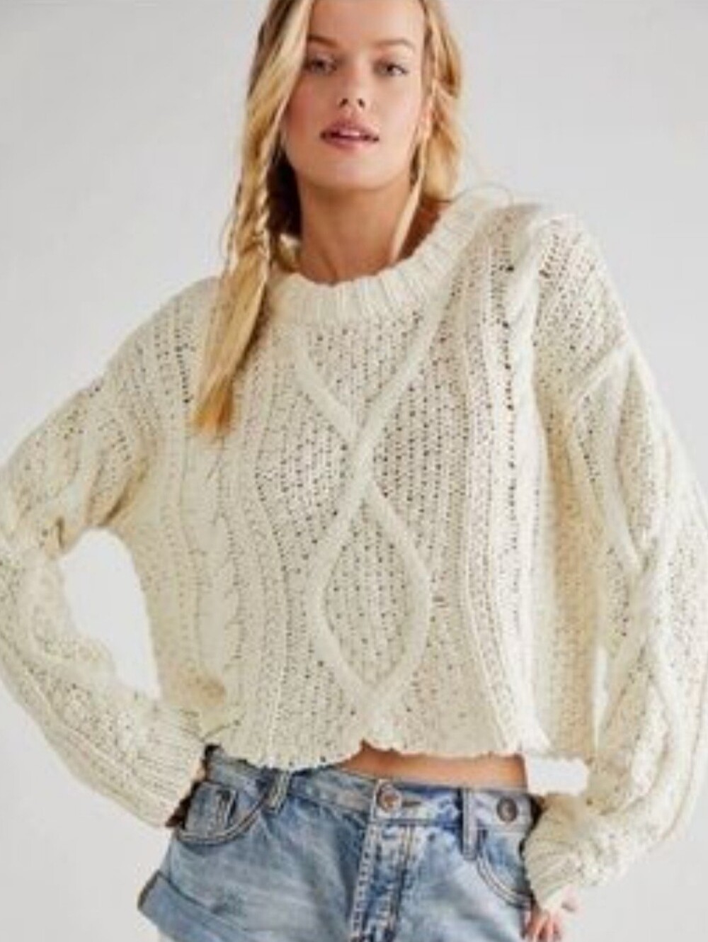 Free People Cutting Edge Cable Pullover Cropped Ivory Boho Sweater Raw Hem Sz S